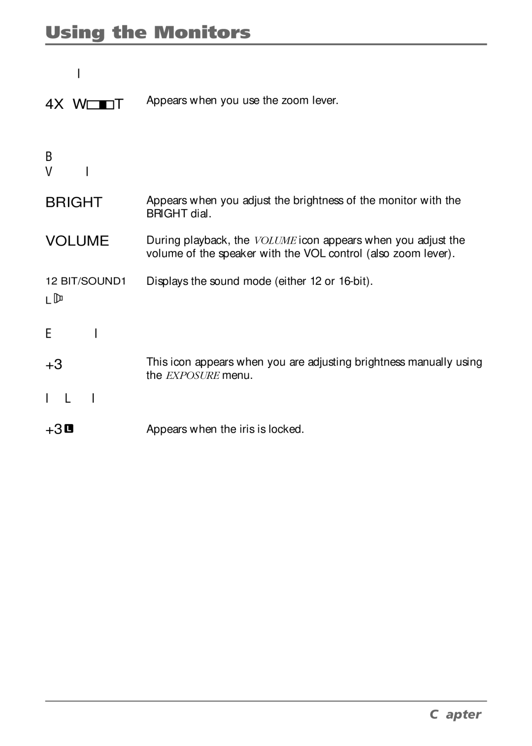 RCA CC9360 manual Zoom Icon, Exposure Icon, Iris Lock Icon 