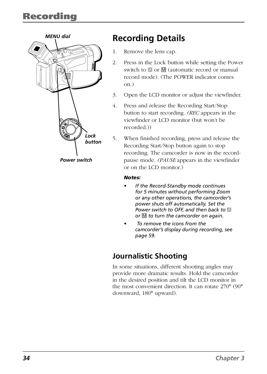 RCA CC9360 manual Recording Details, Journalistic Shooting 