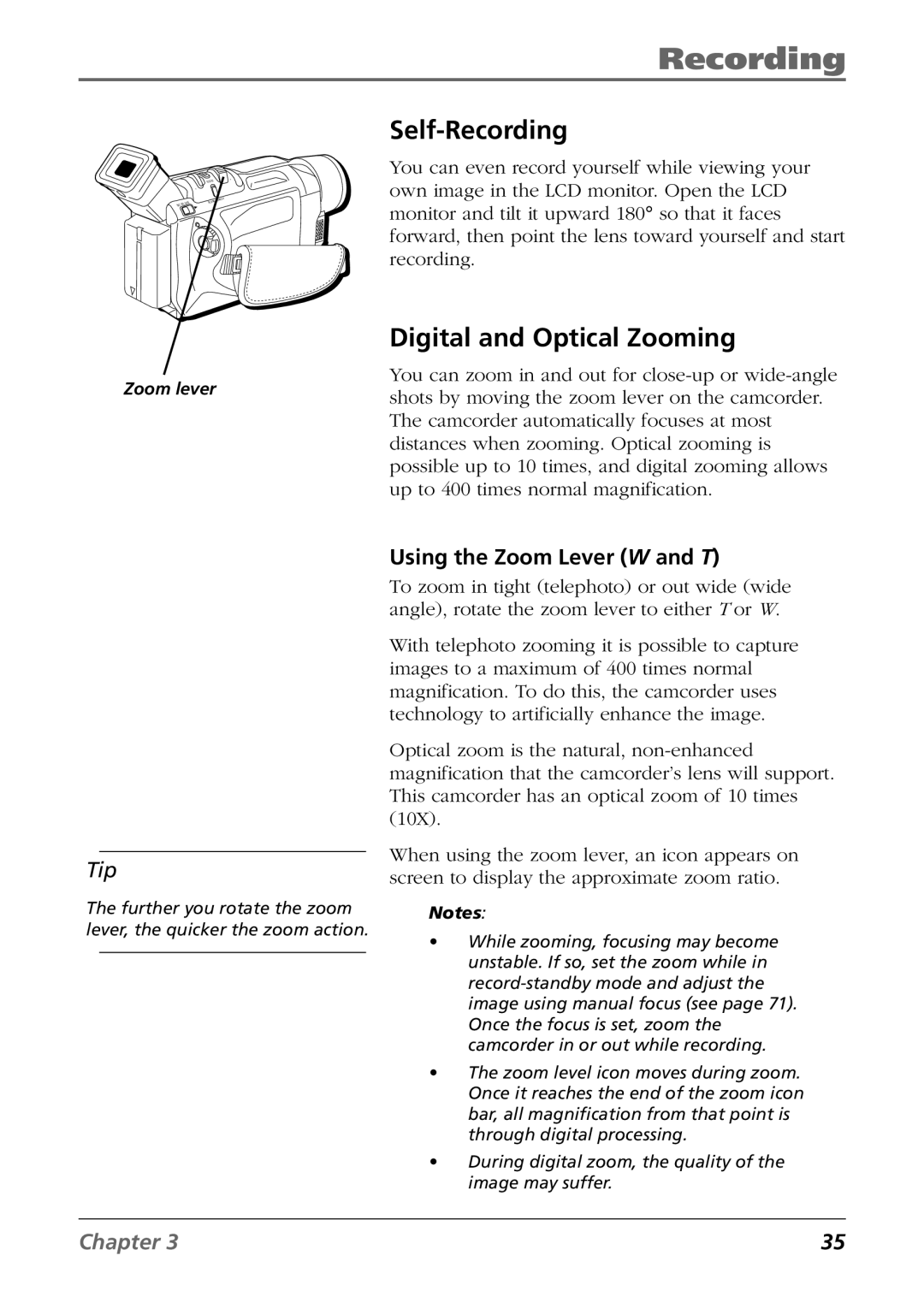 RCA CC9360 manual Self-Recording, Digital and Optical Zooming, Using the Zoom Lever W and T 