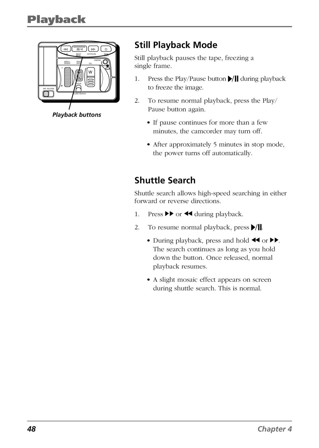 RCA CC9360 manual Still Playback Mode, Shuttle Search 