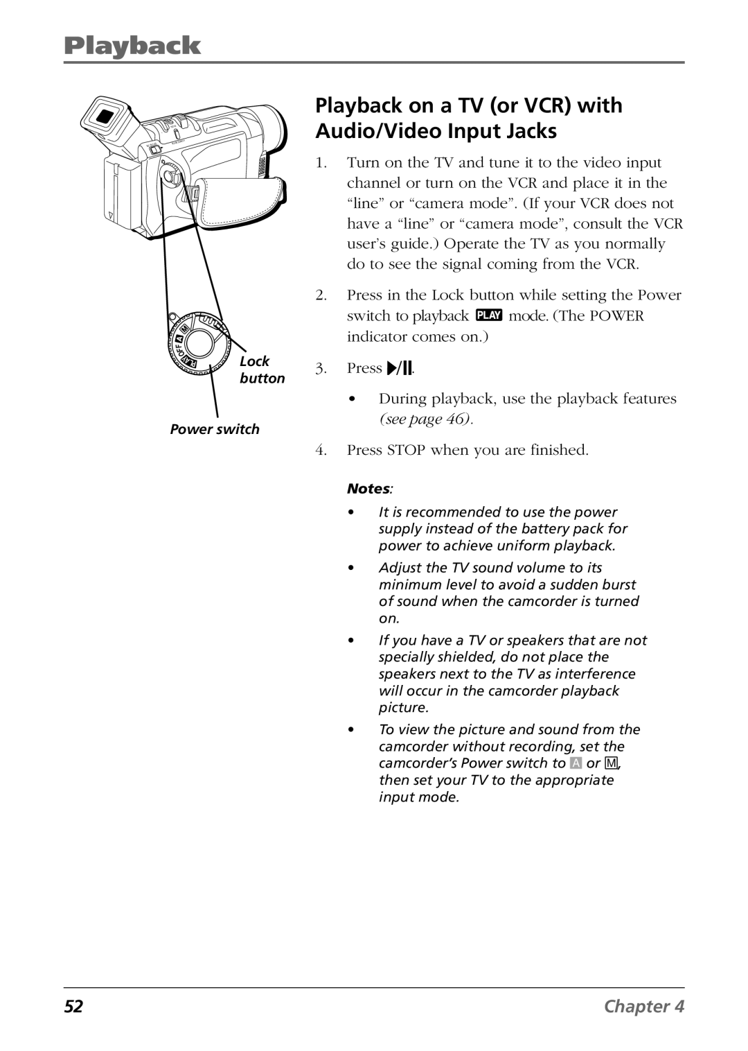 RCA CC9360 manual Playback on a TV or VCR with Audio/Video Input Jacks 