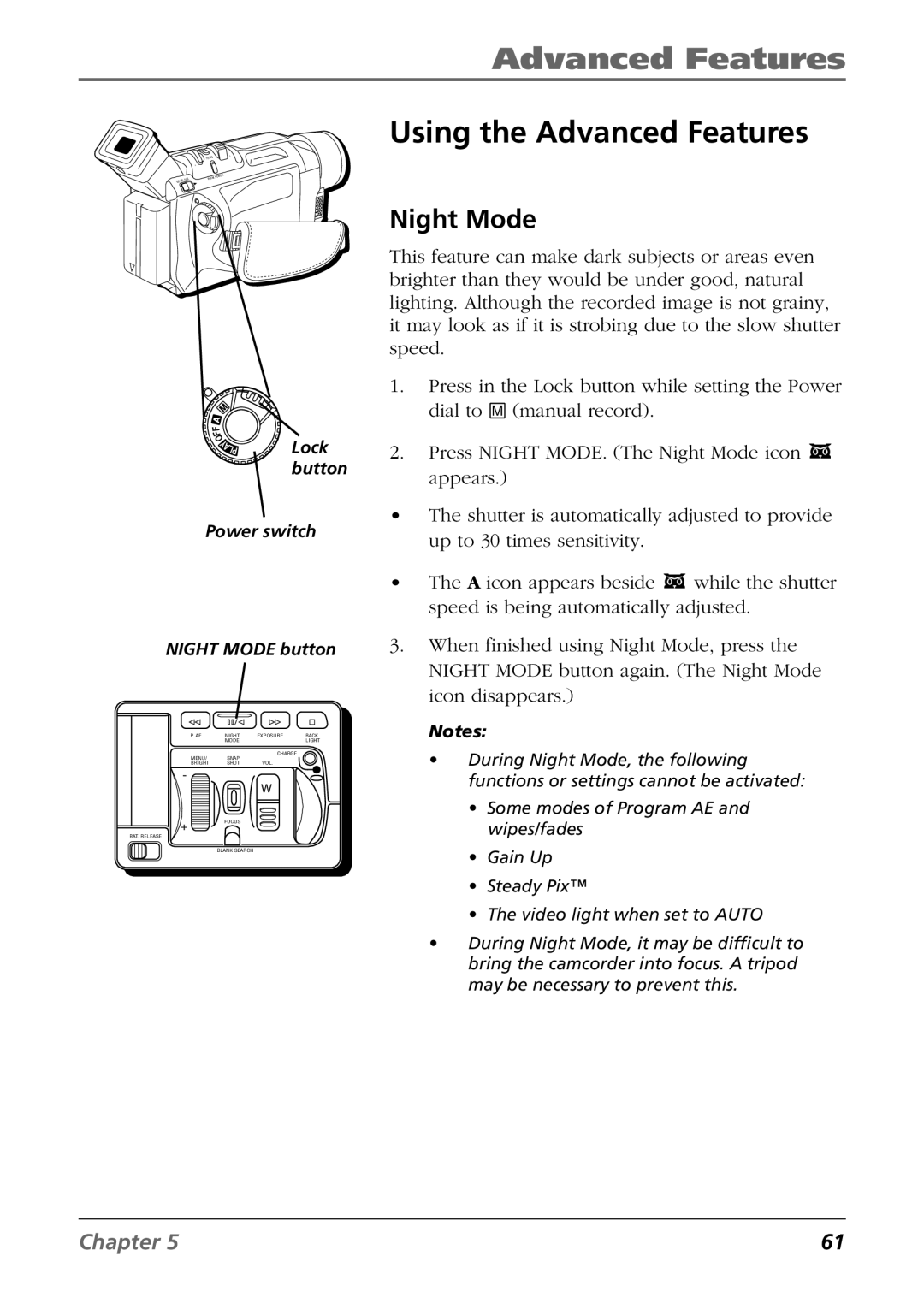 RCA CC9360 manual Using the Advanced Features, Night Mode 