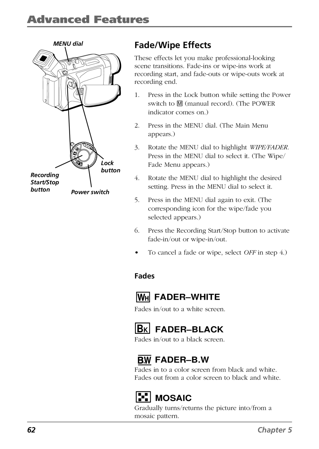 RCA CC9360 manual Fade/Wipe Effects, Fades 