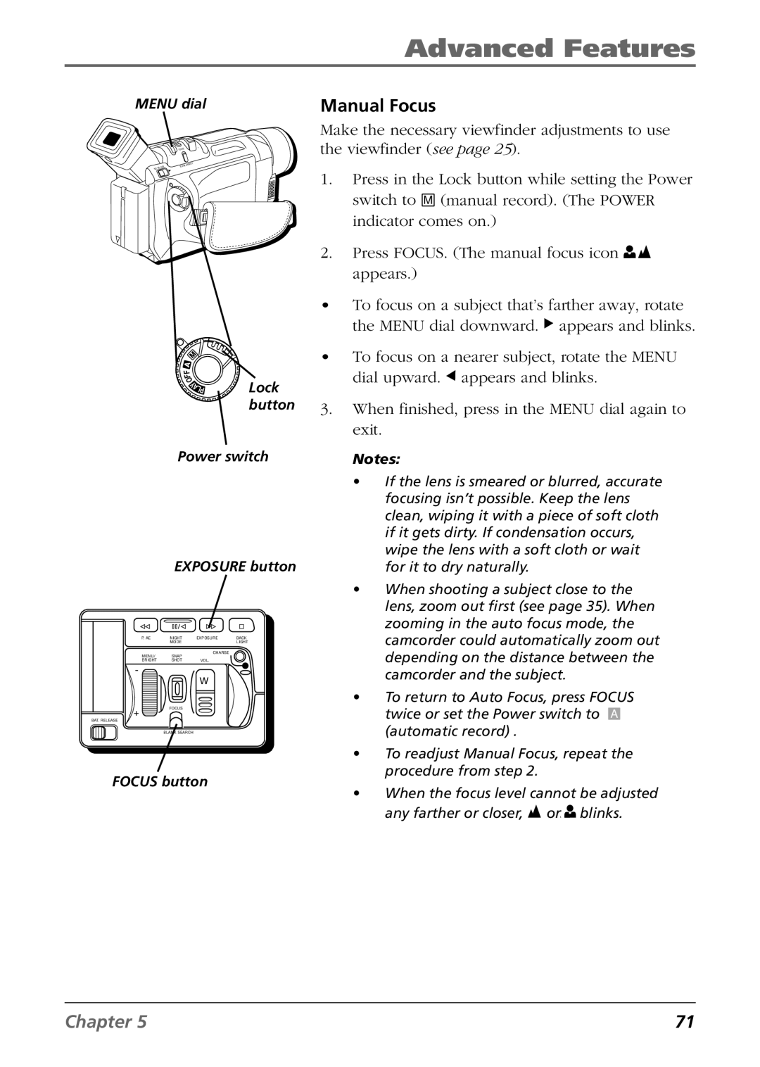 RCA CC9360 manual Manual Focus, Exit 