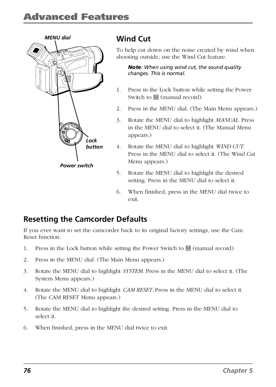 RCA CC9360 manual Wind Cut, Resetting the Camcorder Defaults 