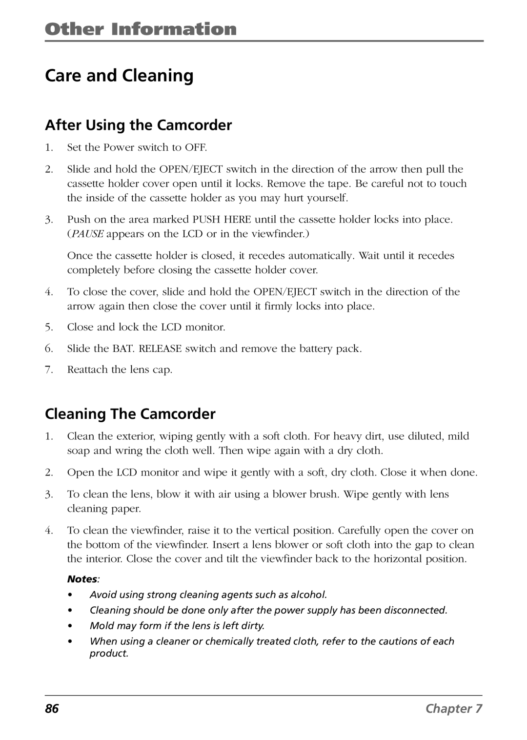 RCA CC9360 manual Care and Cleaning, After Using the Camcorder, Cleaning The Camcorder 