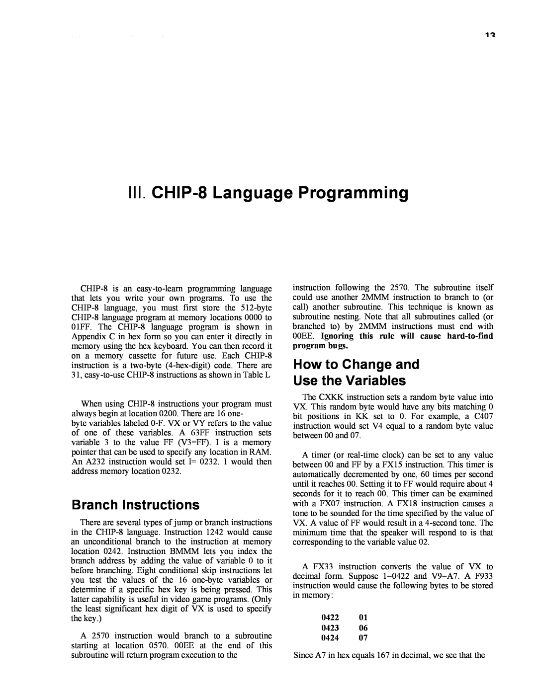 RCA CDP18S711 manual III.CHIP-8Language Programming, Branch Instructions, How to Change and Use the Variables 