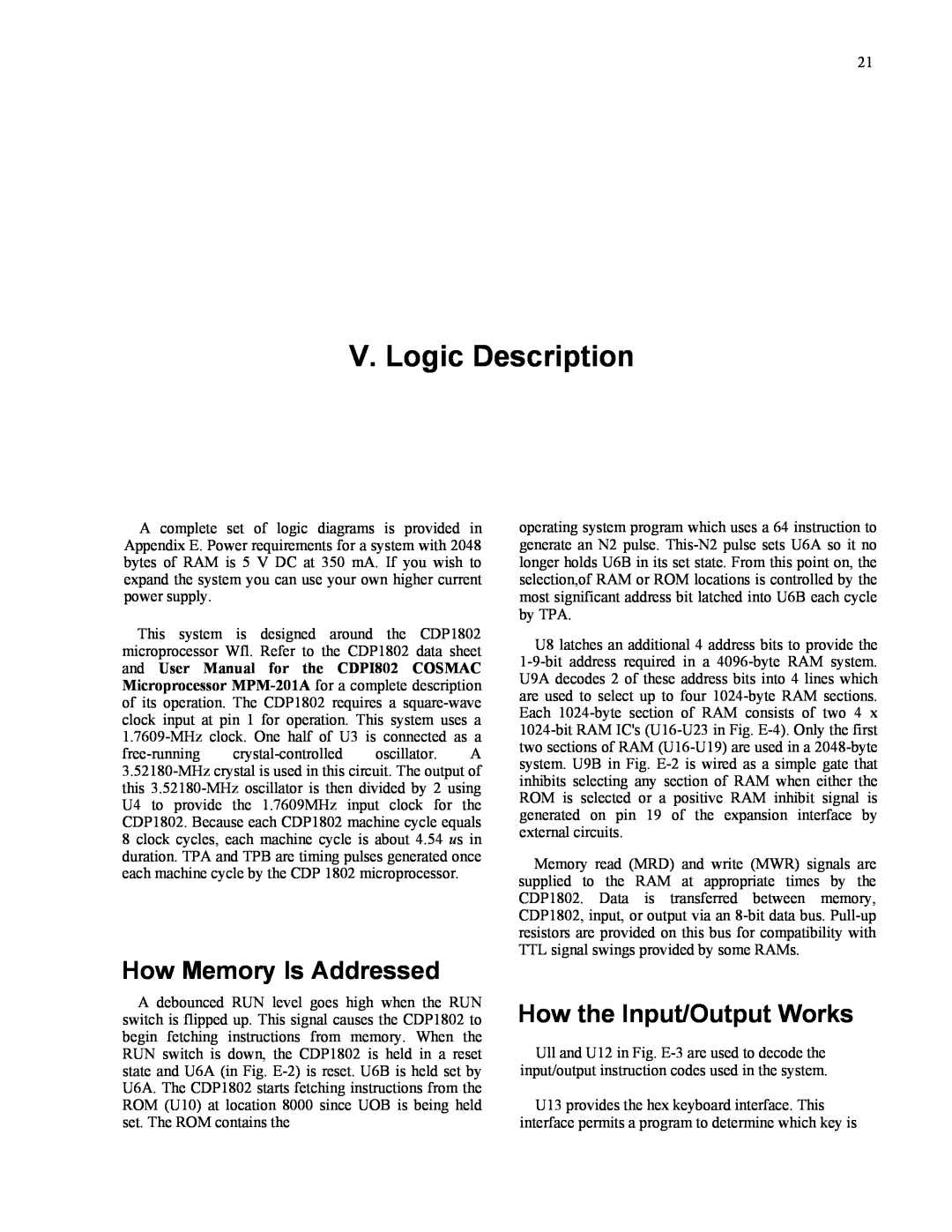 RCA CDP18S711 manual V. Logic Description, How Memory Is Addressed, How the Input/Output Works 