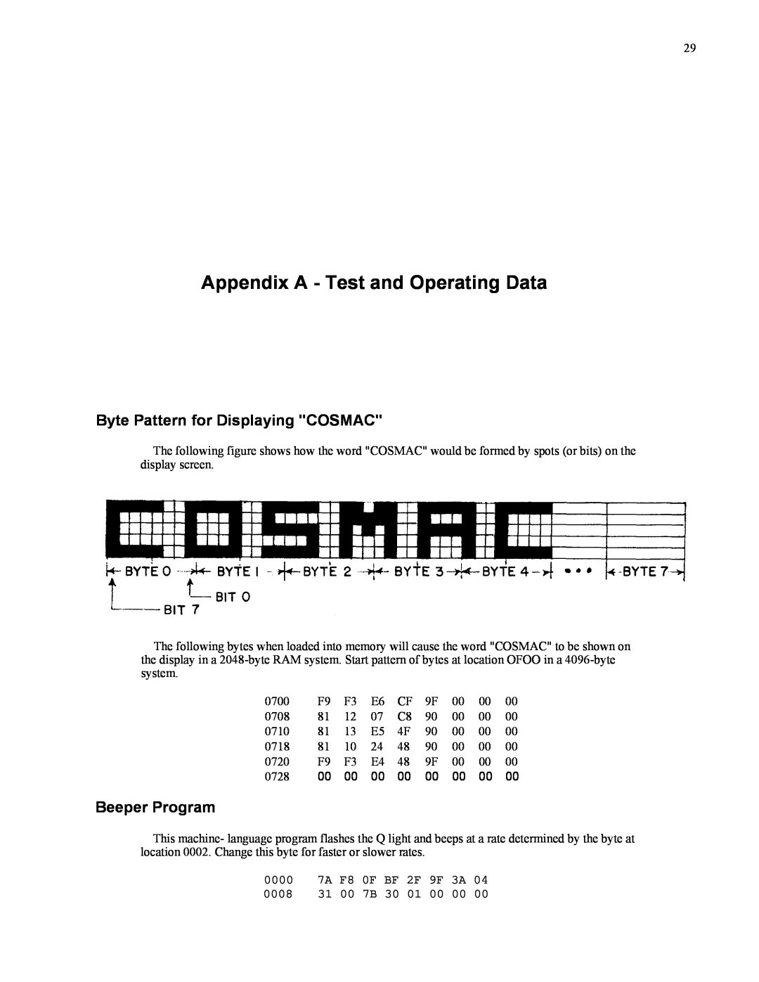 RCA CDP18S711 manual Appendix A - Test and Operating Data, Byte Pattern for Displaying COSMAC, Beeper Program 