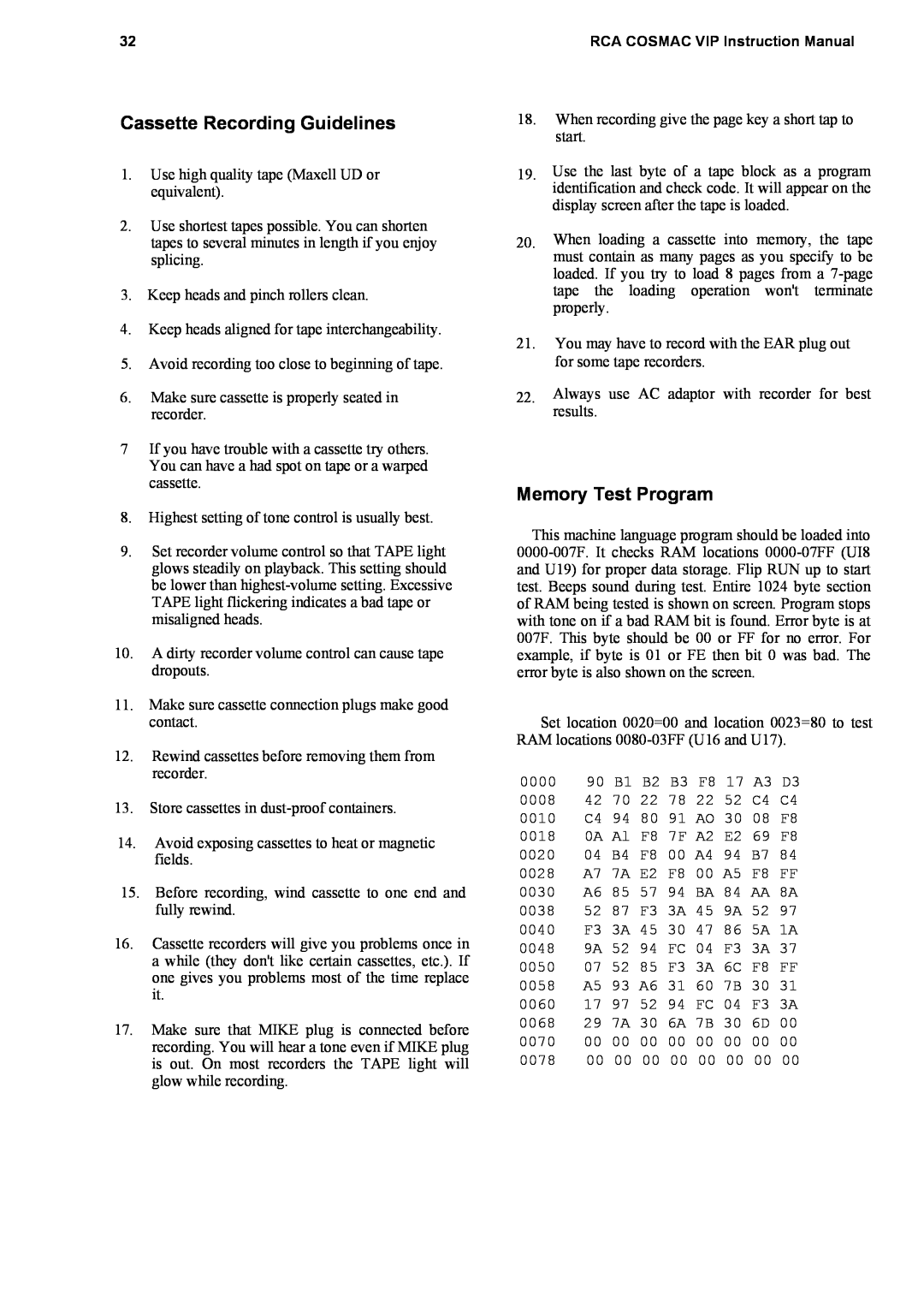 RCA CDP18S711 manual Cassette Recording Guidelines, Memory Test Program 