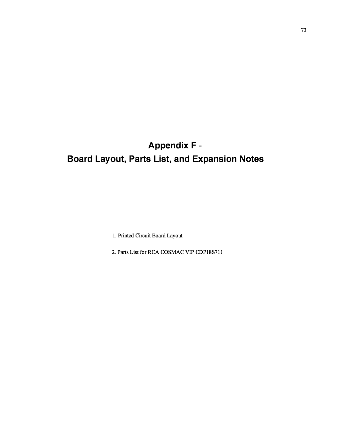 RCA CDP18S711 manual Appendix F, Board Layout, Parts List, and Expansion Notes, Printed Circuit Board Layout 