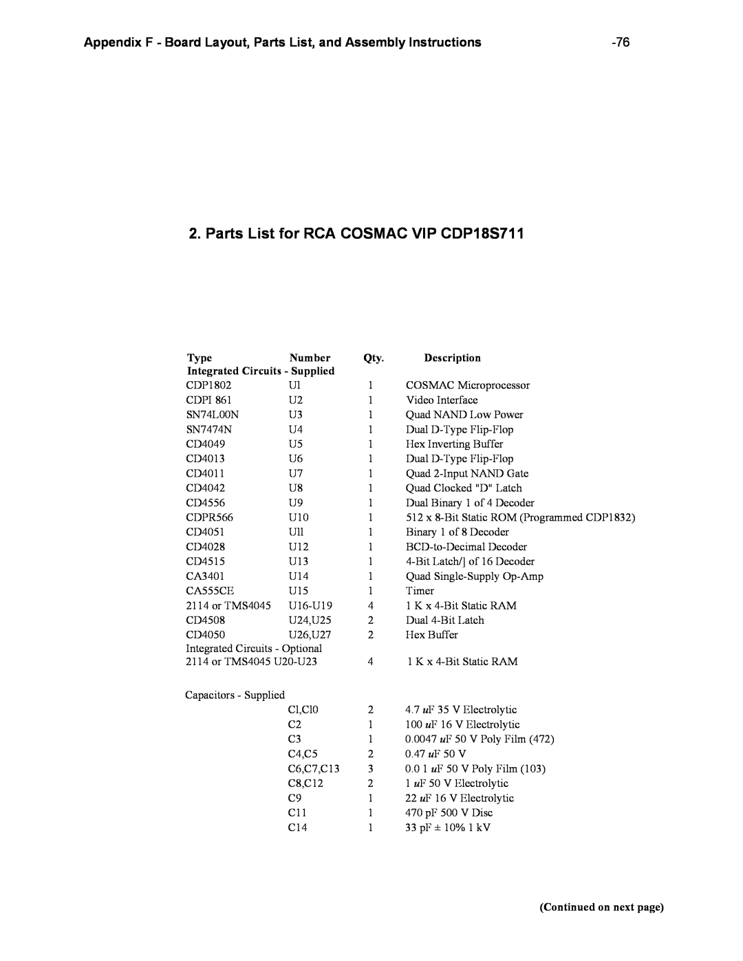 RCA manual Parts List for RCA COSMAC VIP CDP18S711 