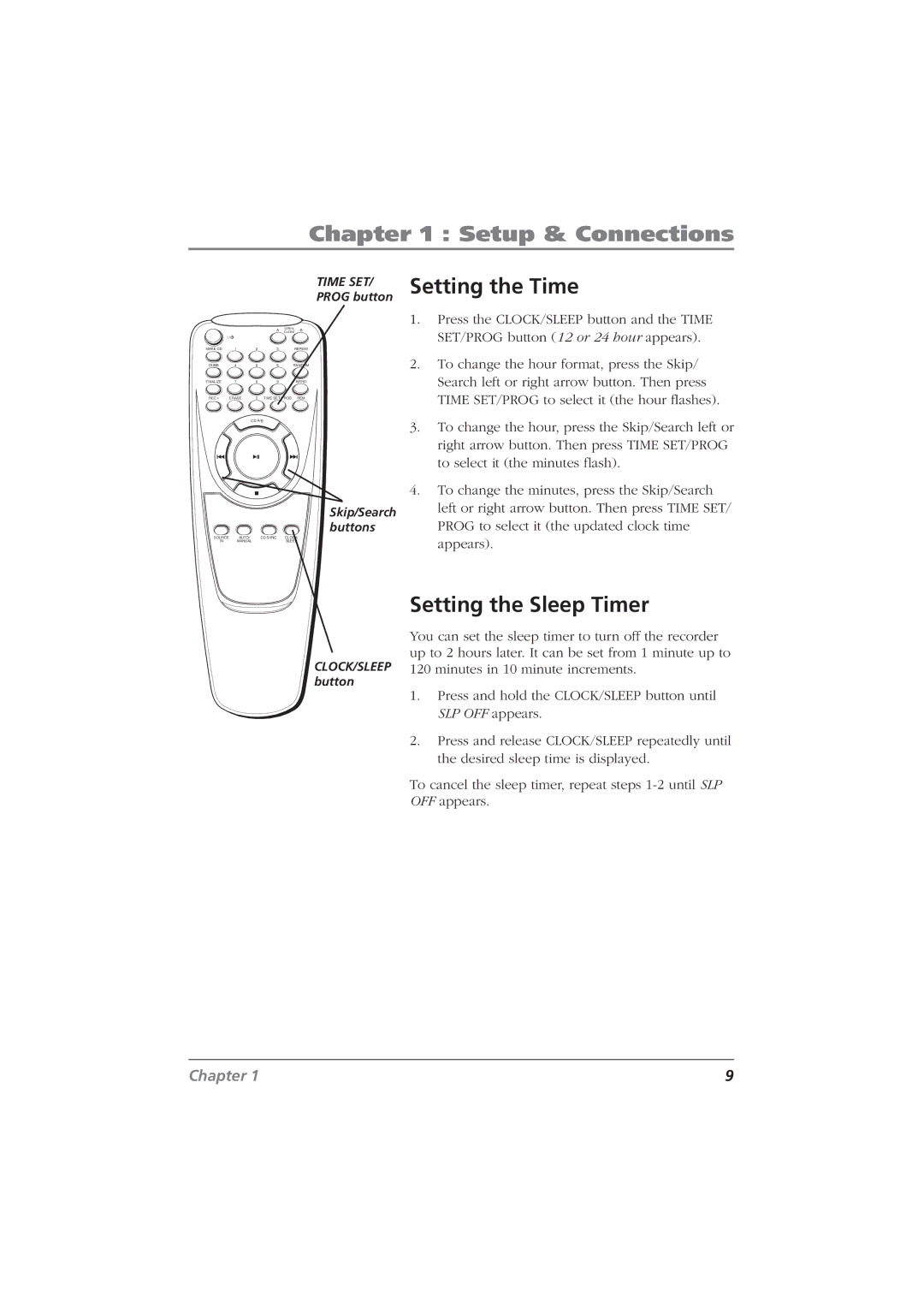 RCA CDRW10 manual Setting the Time, Setting the Sleep Timer 