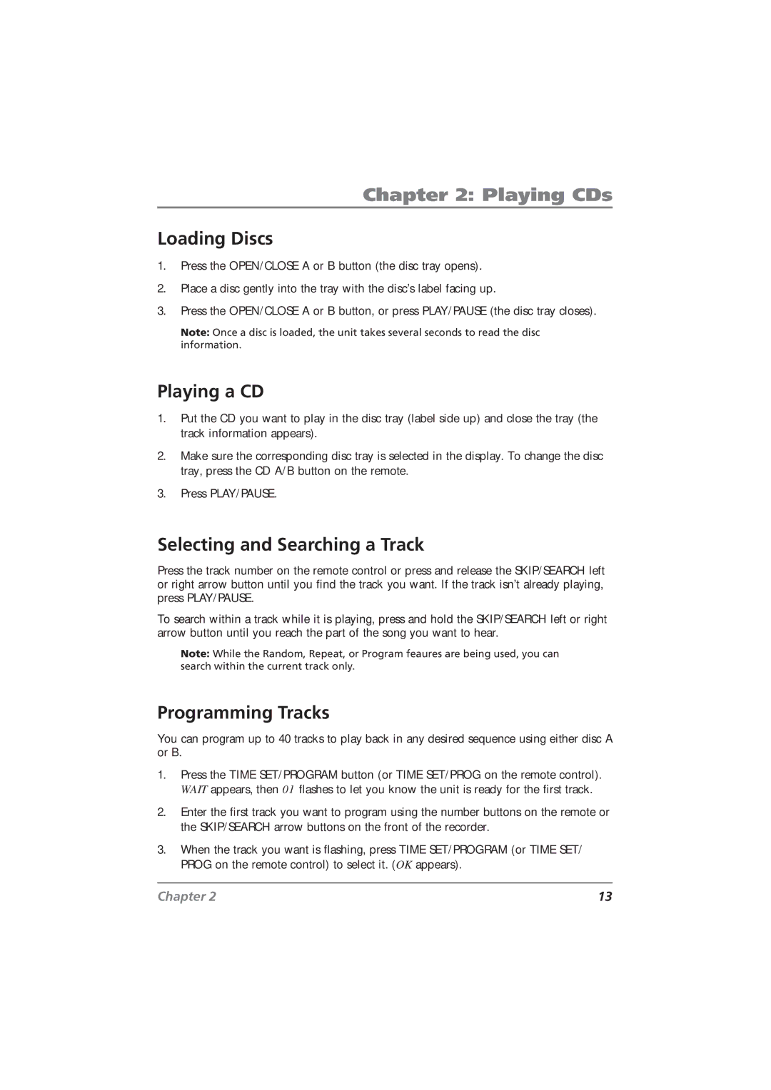 RCA CDRW10 manual Playing CDs, Loading Discs, Playing a CD, Selecting and Searching a Track, Programming Tracks 