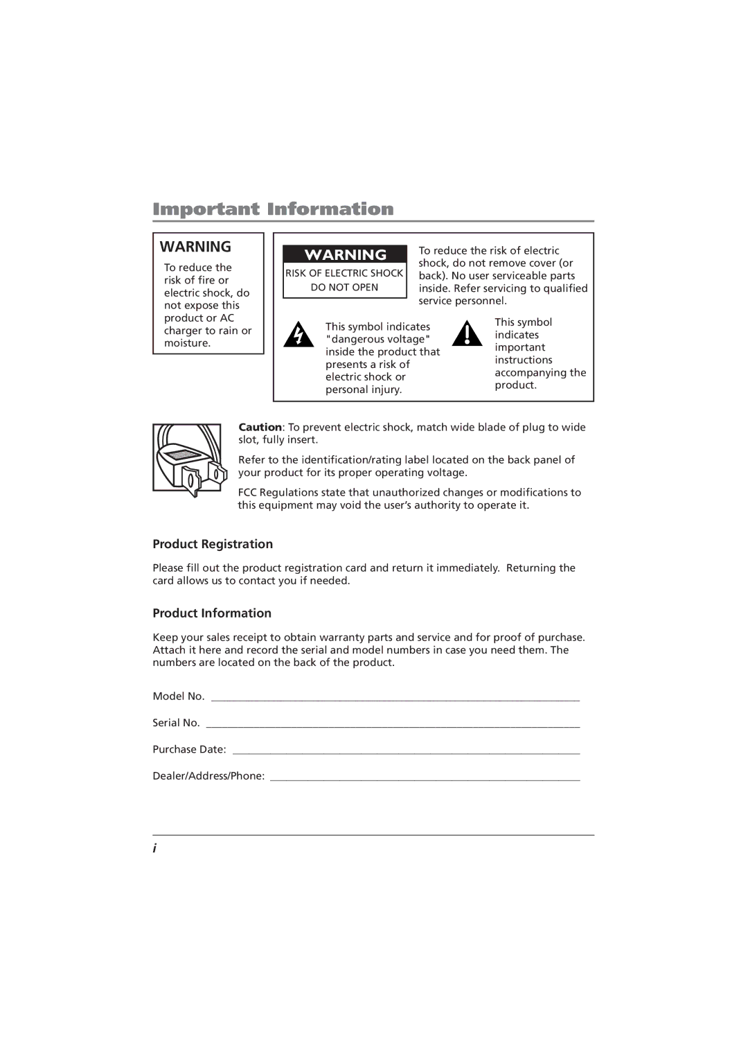 RCA CDRW10 manual Important Information, Product Registration, Product Information 