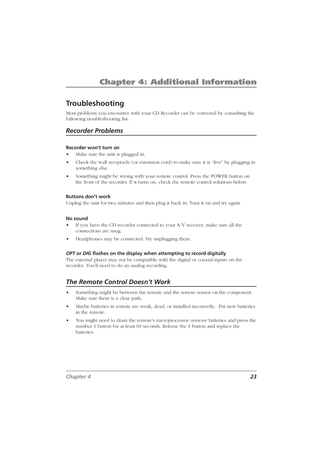 RCA CDRW10 manual Additional Information, Troubleshooting 