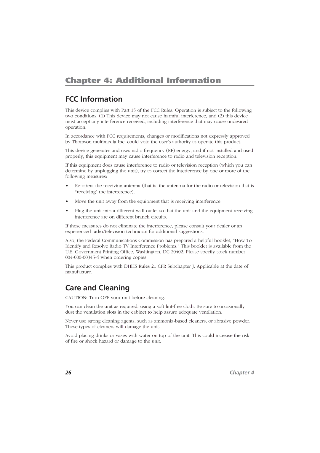 RCA CDRW10 manual FCC Information, Care and Cleaning 