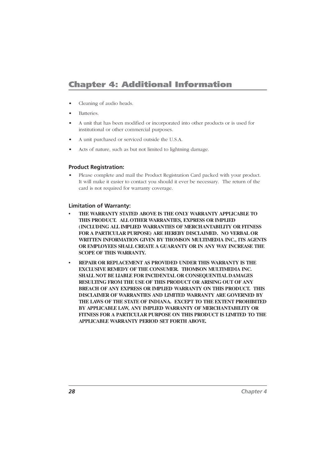 RCA CDRW10 manual Product Registration, Limitation of Warranty 