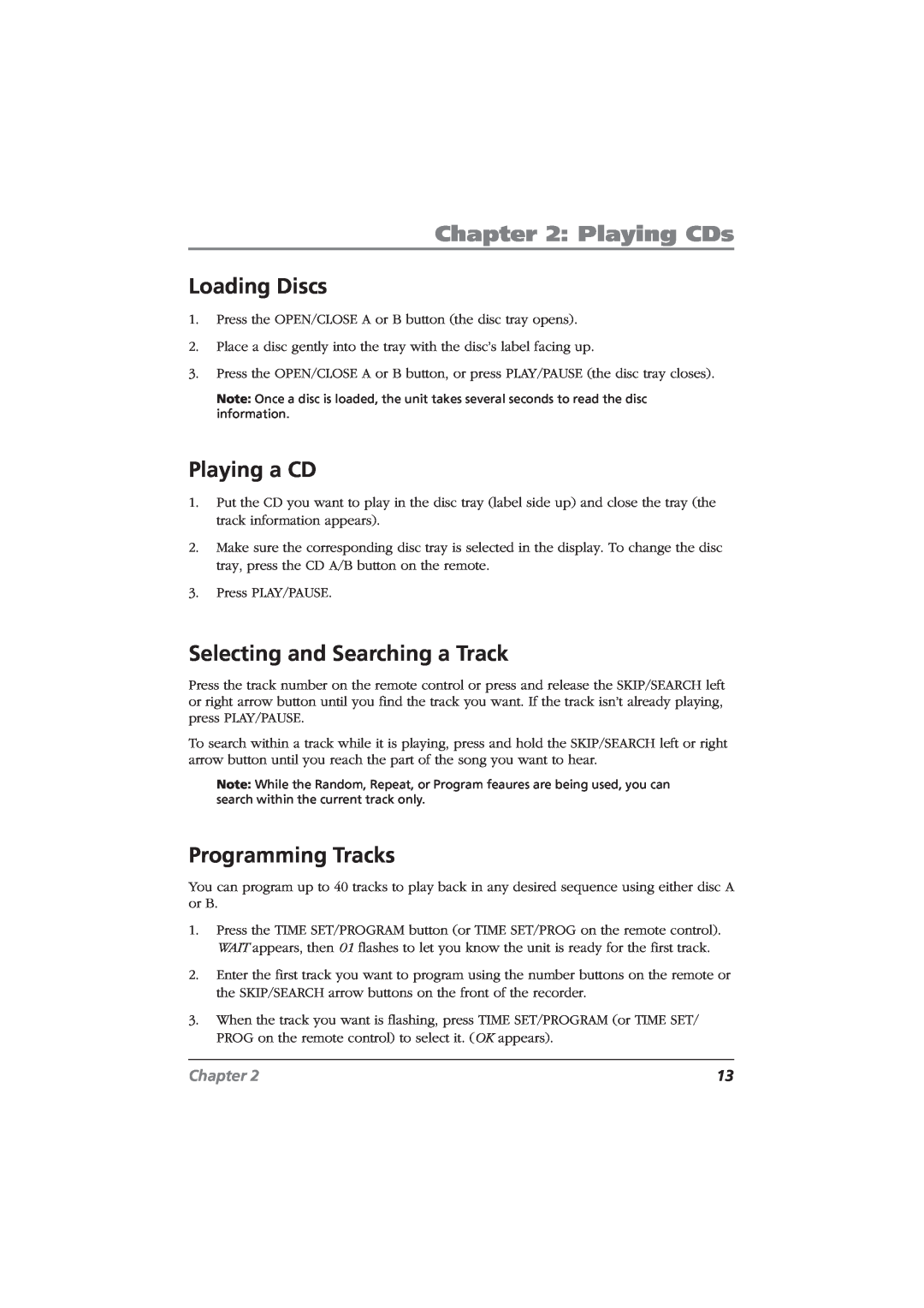 RCA CDRW10 manual Playing CDs, Loading Discs, Playing a CD, Selecting and Searching a Track, Programming Tracks, Chapter 