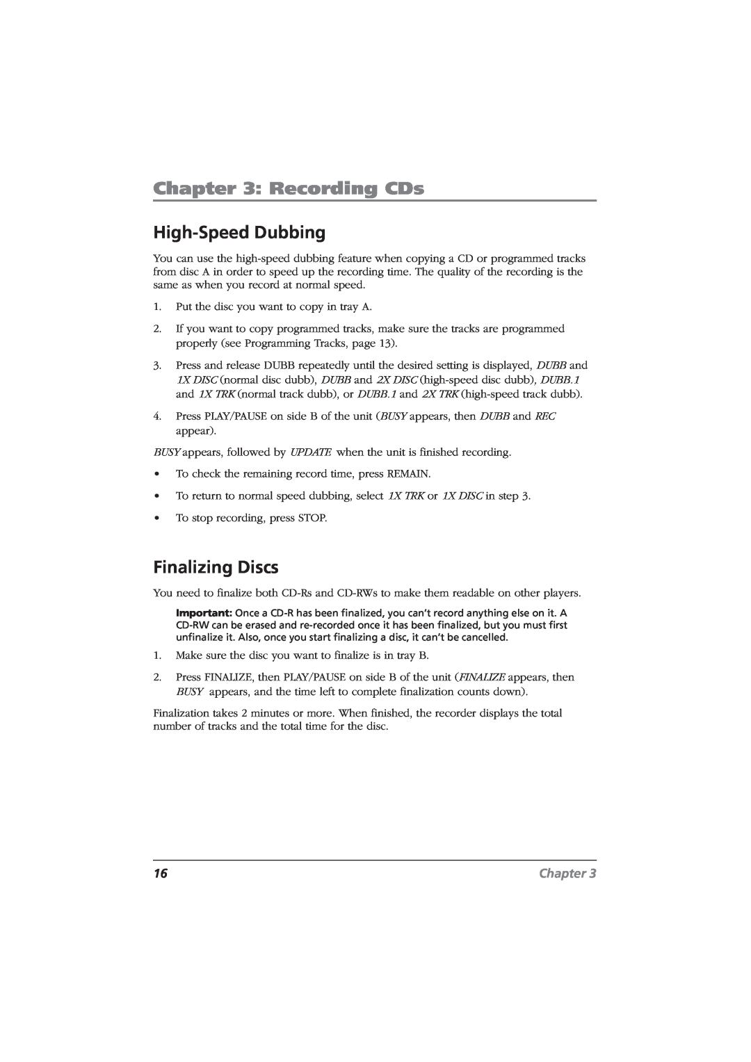 RCA CDRW10 manual High-SpeedDubbing, Finalizing Discs, Recording CDs, Chapter 