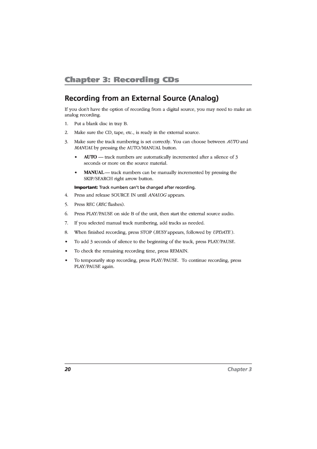 RCA CDRW10 manual Recording from an External Source Analog, Recording CDs, Chapter 