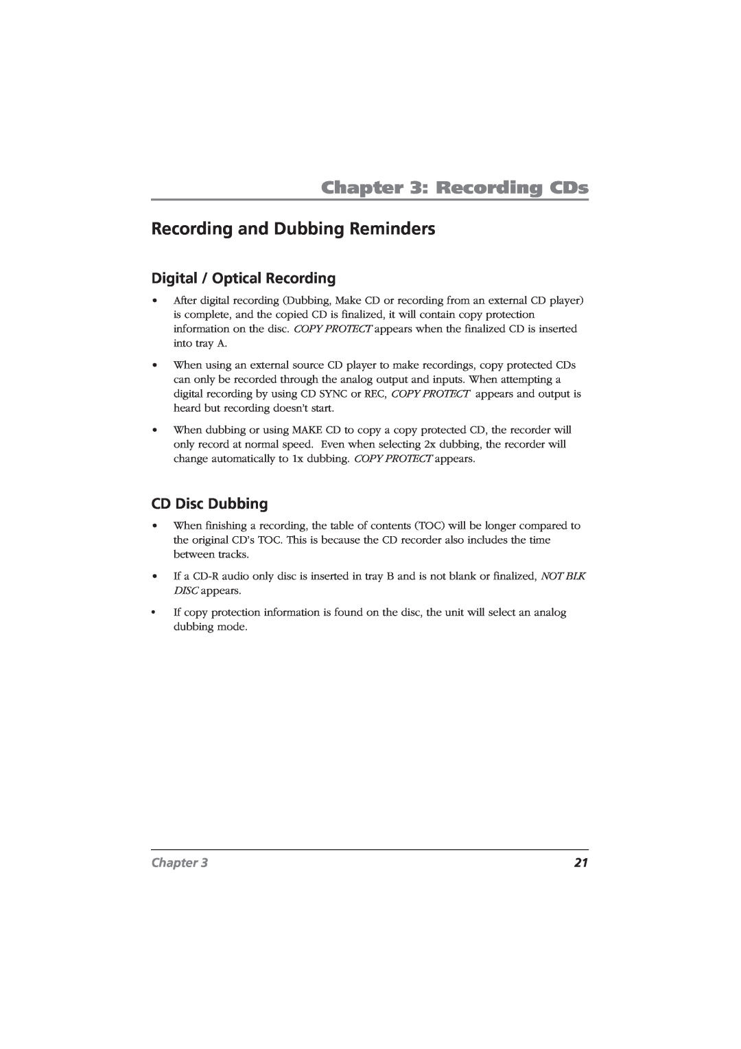 RCA CDRW10 manual Recording and Dubbing Reminders, Recording CDs, Digital / Optical Recording, CD Disc Dubbing, Chapter 