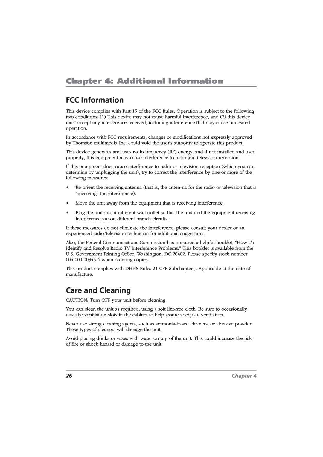 RCA CDRW10 manual FCC Information, Care and Cleaning, Additional Information, Chapter 