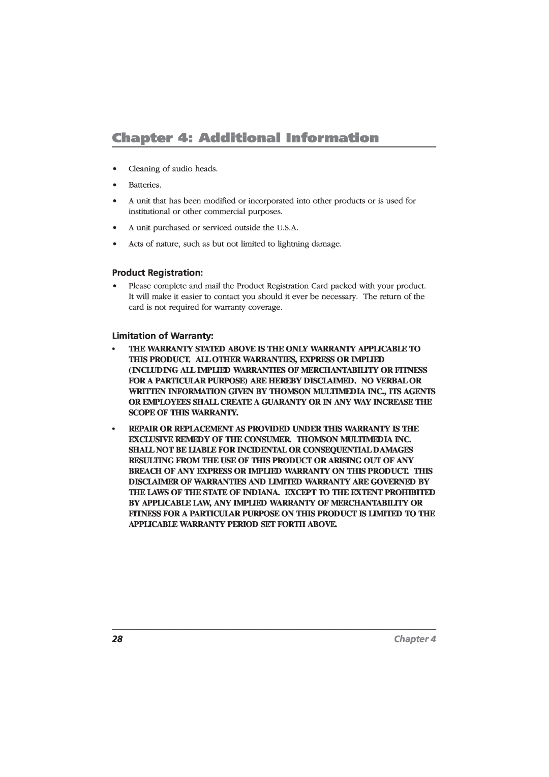 RCA CDRW10 manual Additional Information, Product Registration, Limitation of Warranty, Chapter 