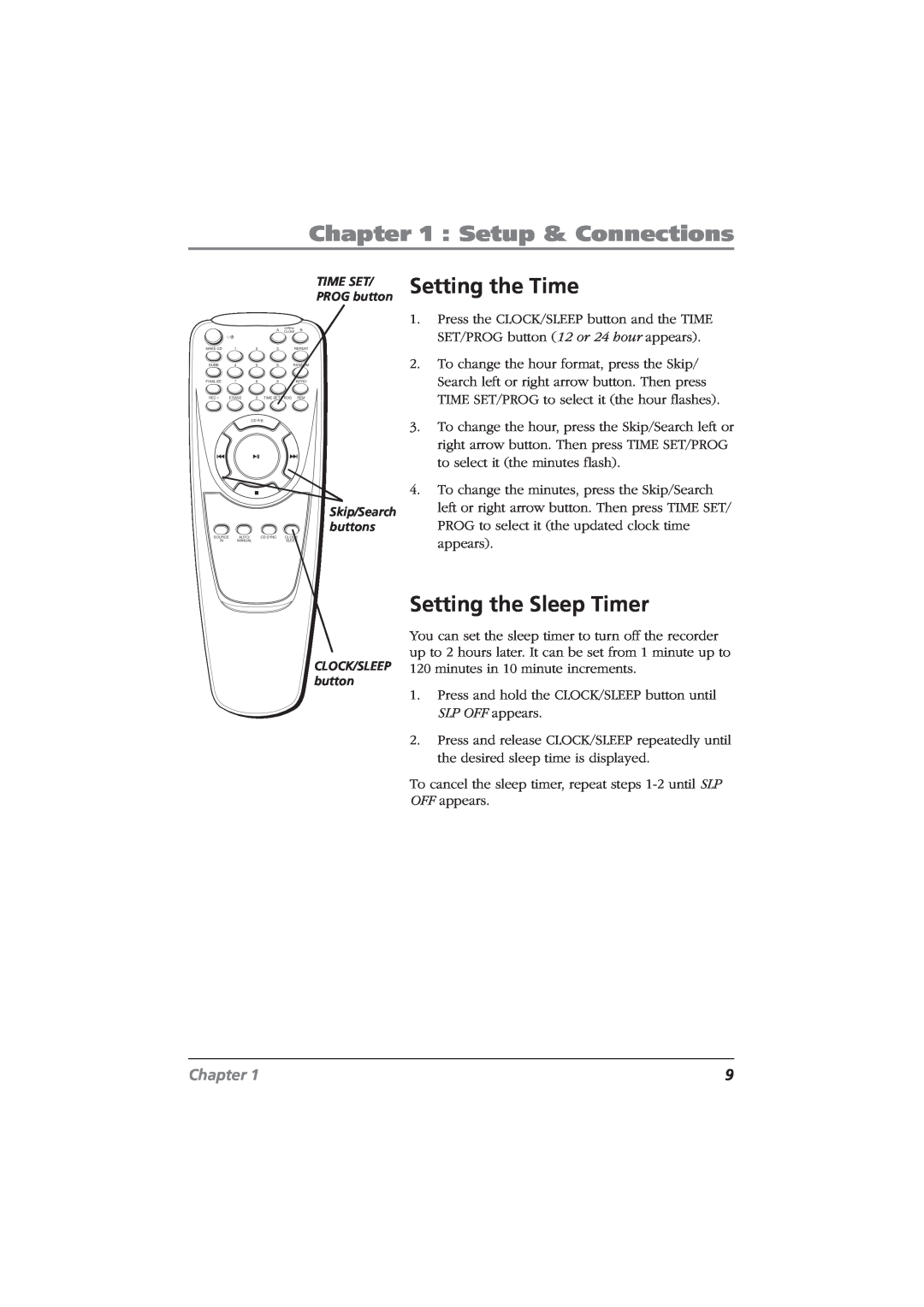RCA CDRW120 manual Setting the Time, Setting the Sleep Timer, Setup & Connections, Chapter, TIME SET PROG button 