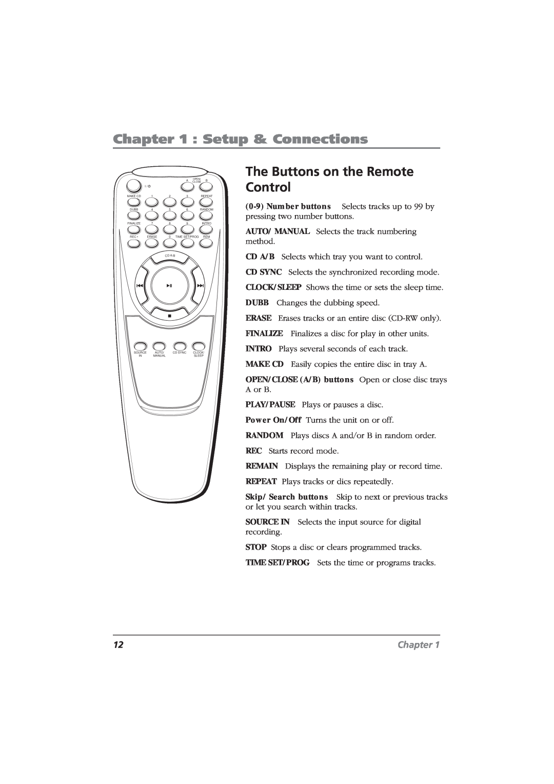 RCA CDRW120 manual The Buttons on the Remote Control, Setup & Connections, Chapter 