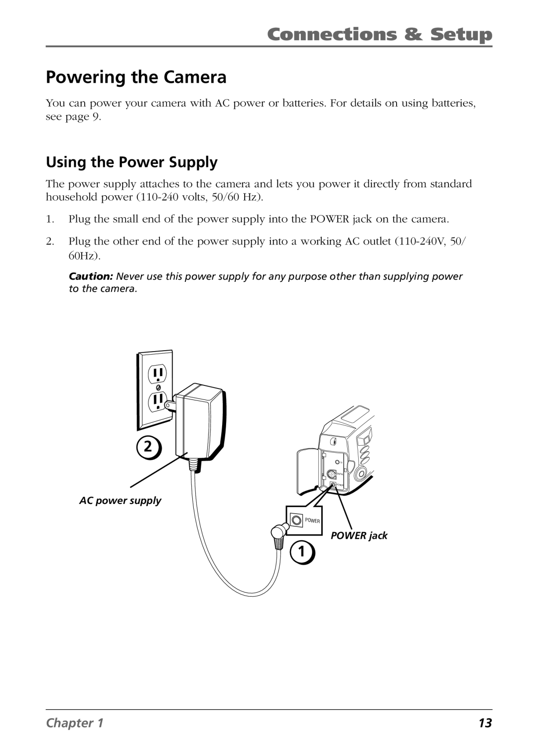 RCA CDS6300 manual Powering the Camera, Using the Power Supply 