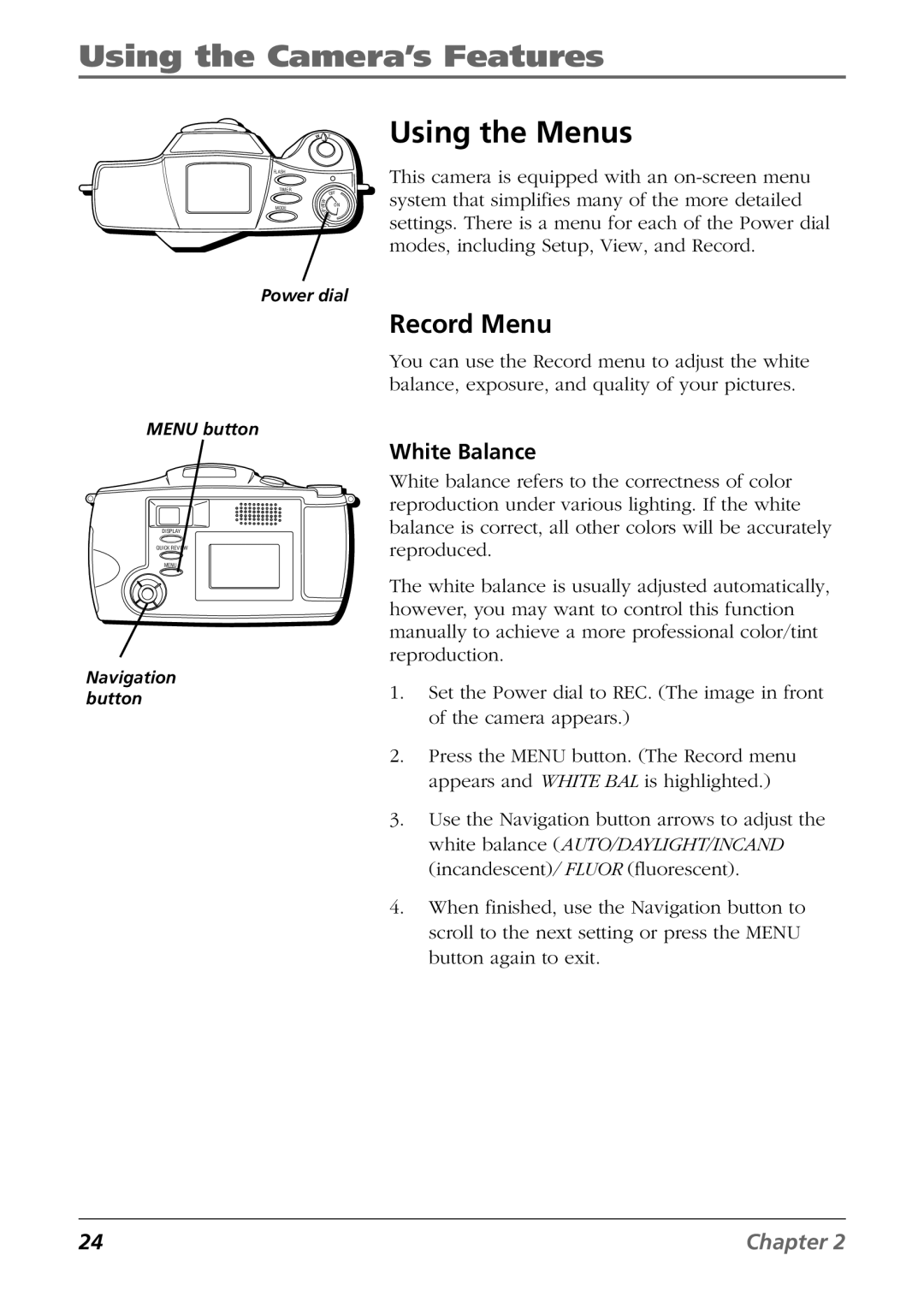 RCA CDS6300 manual Using the Menus, Record Menu, White Balance 