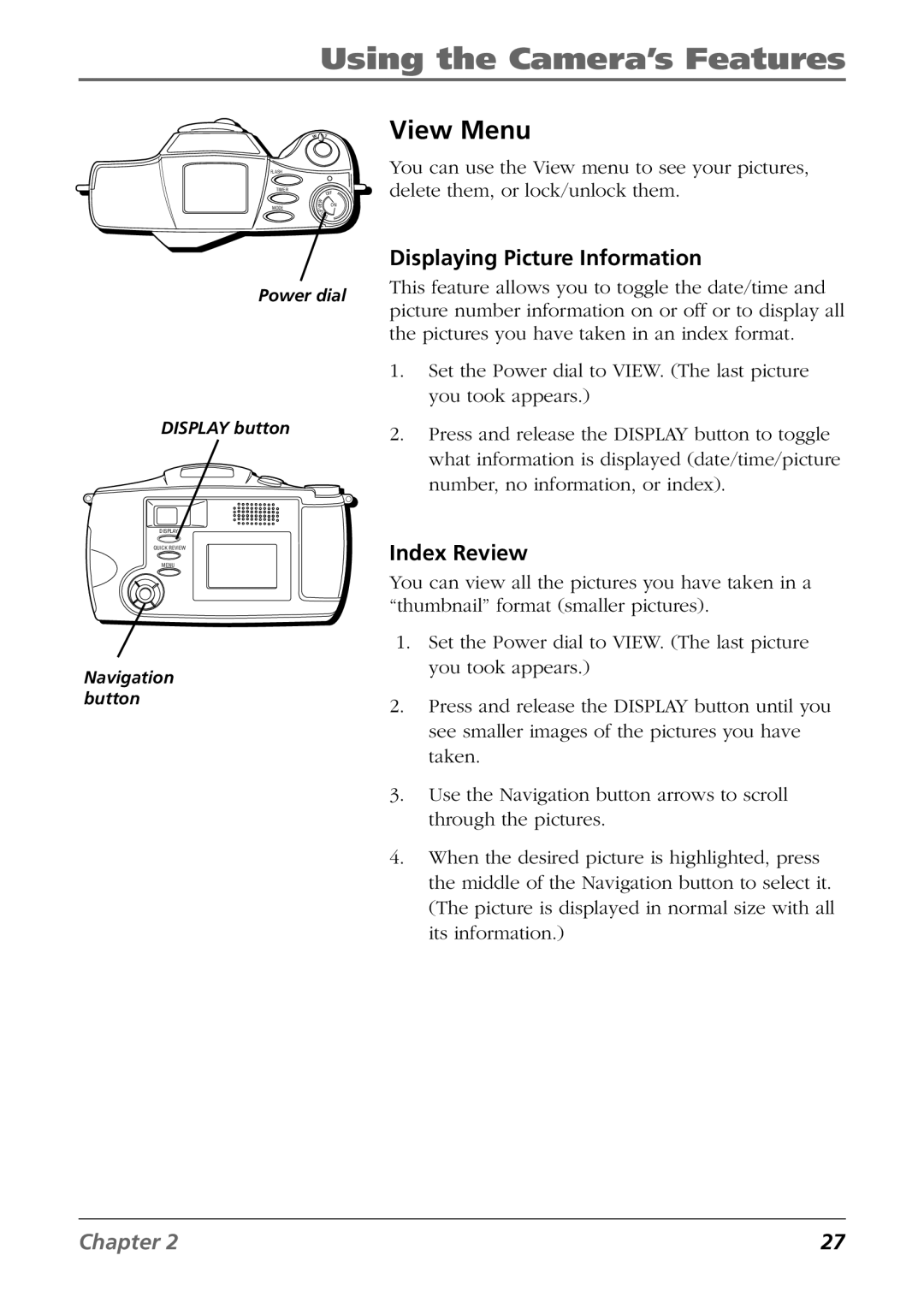 RCA CDS6300 manual View Menu, Displaying Picture Information, Index Review 