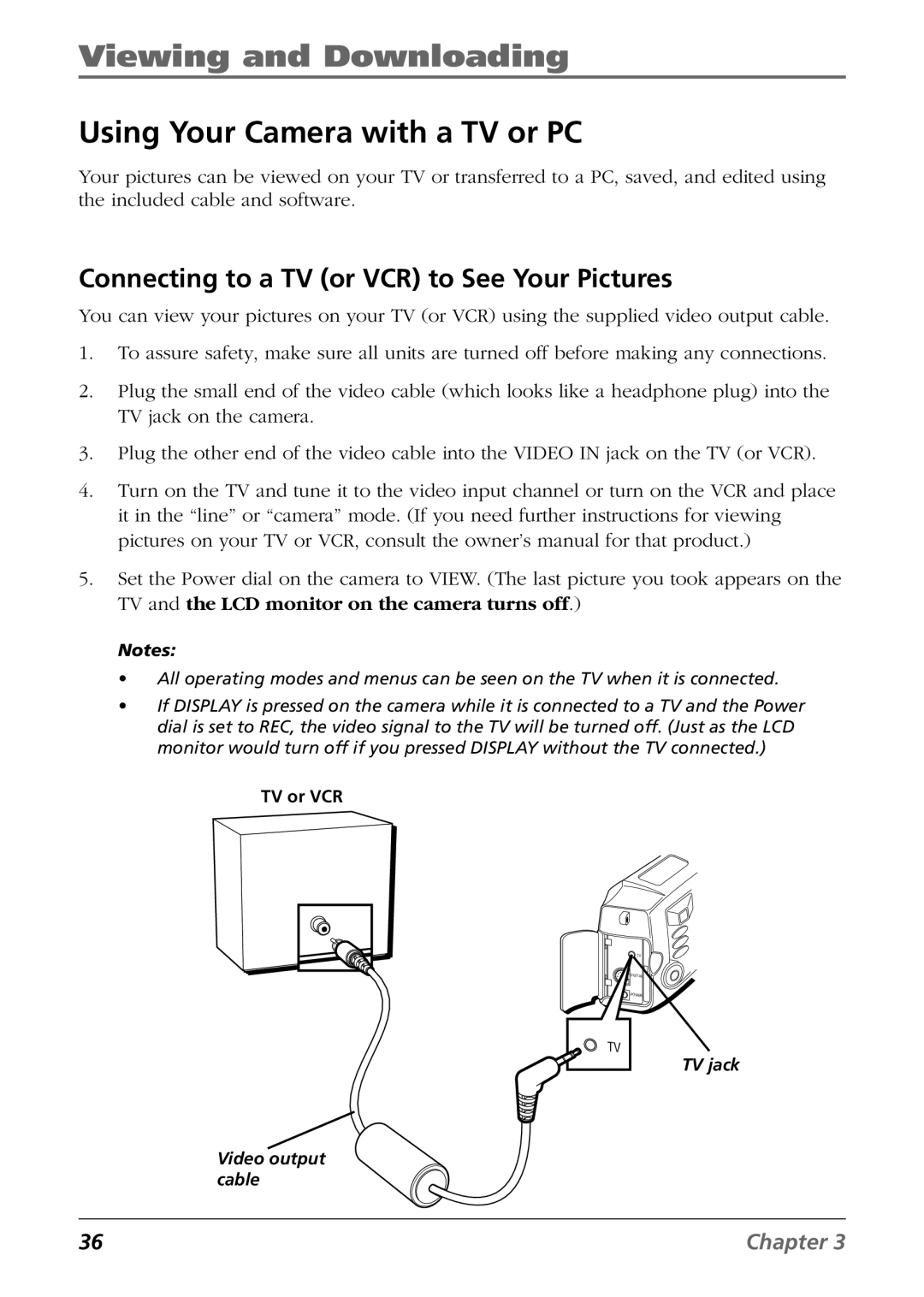 RCA CDS6300 Viewing and Downloading, Using Your Camera with a TV or PC, Connecting to a TV or VCR to See Your Pictures 