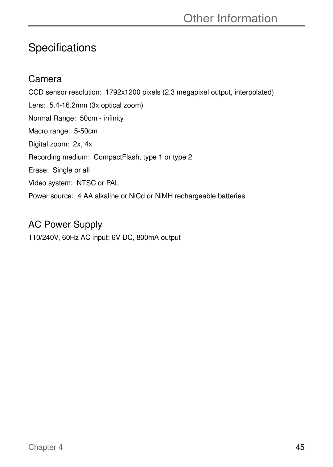 RCA CDS6300 manual Specifications, Camera, AC Power Supply 