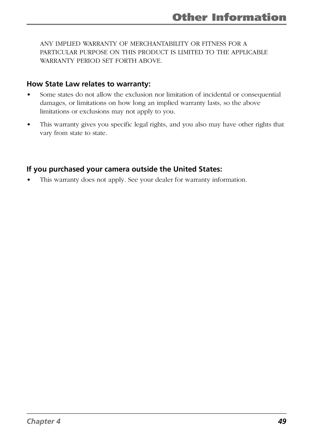 RCA CDS6300 manual How State Law relates to warranty, If you purchased your camera outside the United States 