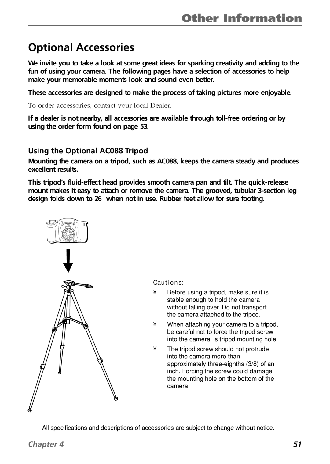 RCA CDS6300 manual Optional Accessories, Using the Optional AC088 Tripod 