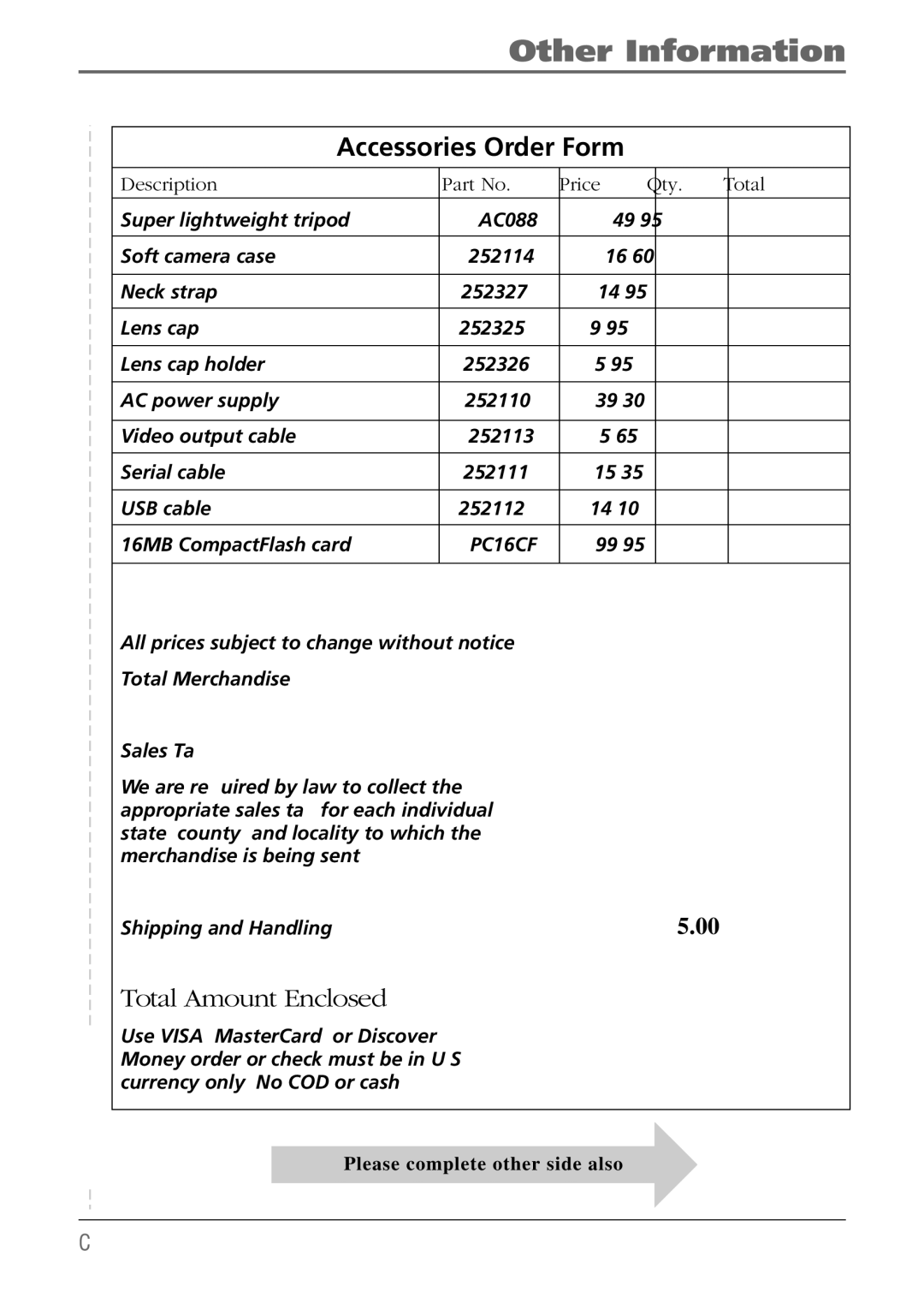 RCA CDS6300 manual Accessories Order Form, Description Price Qty Total 