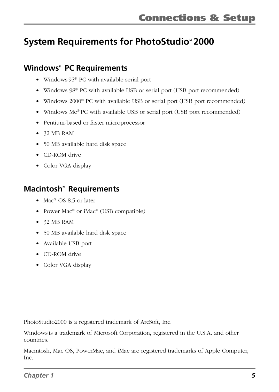 RCA CDS6300 manual System Requirements for PhotoStudio2000, Windows PC Requirements, Macintosh Requirements 