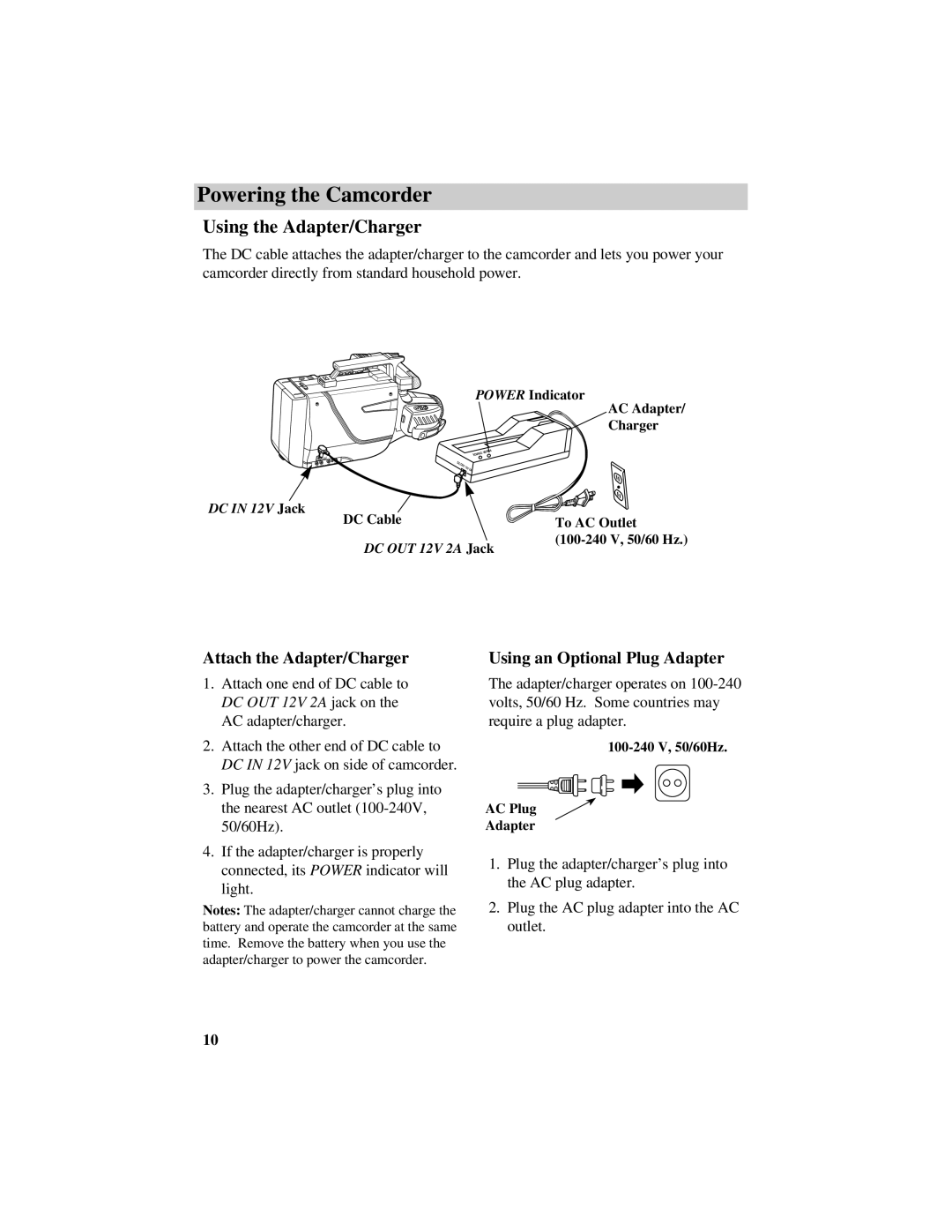 RCA CG740 manual Powering the Camcorder, Using the Adapter/Charger, Using an Optional Plug Adapter 