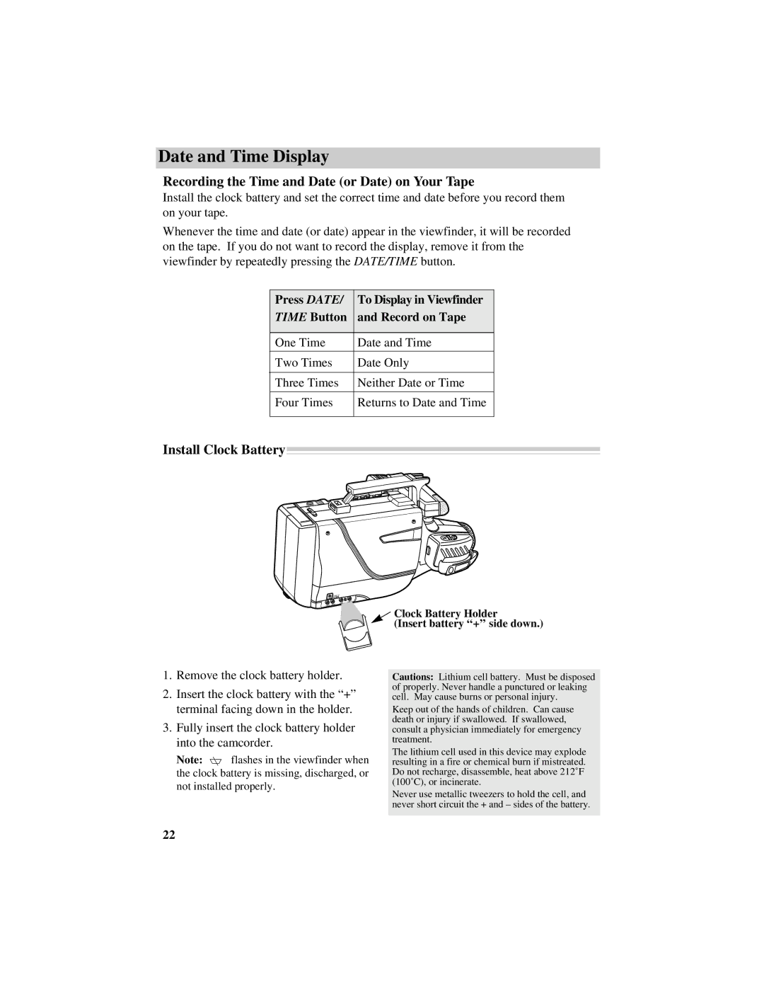 RCA CG740 manual Date and Time Display, Recording the Time and Date or Date on Your Tape, Install Clock Battery 