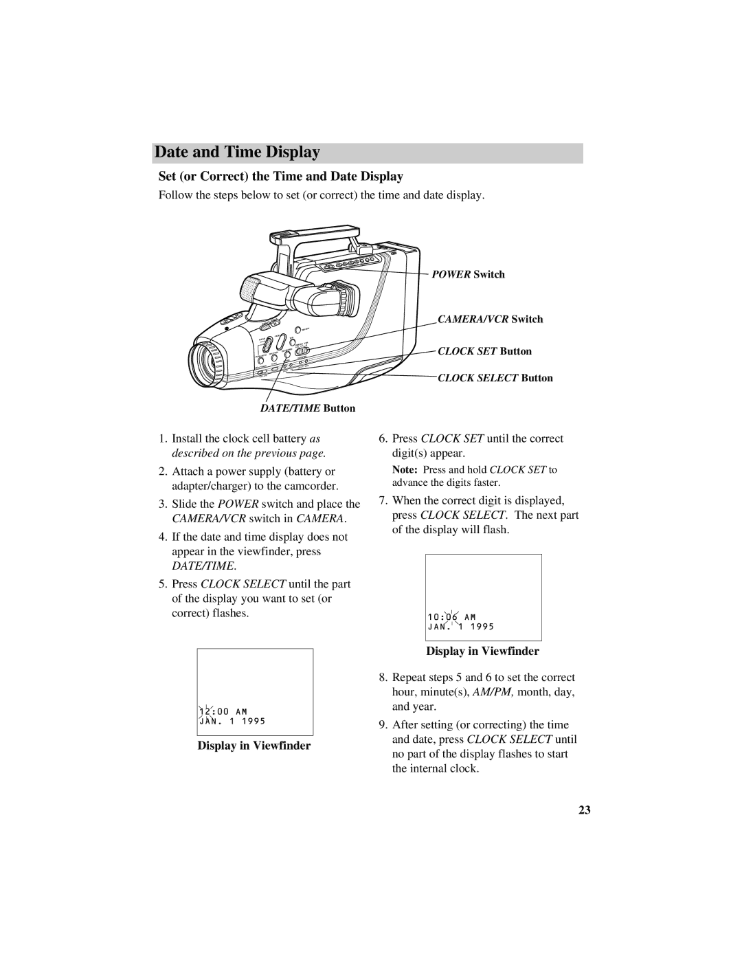 RCA CG740 manual Set or Correct the Time and Date Display, Display in Viewfinder 