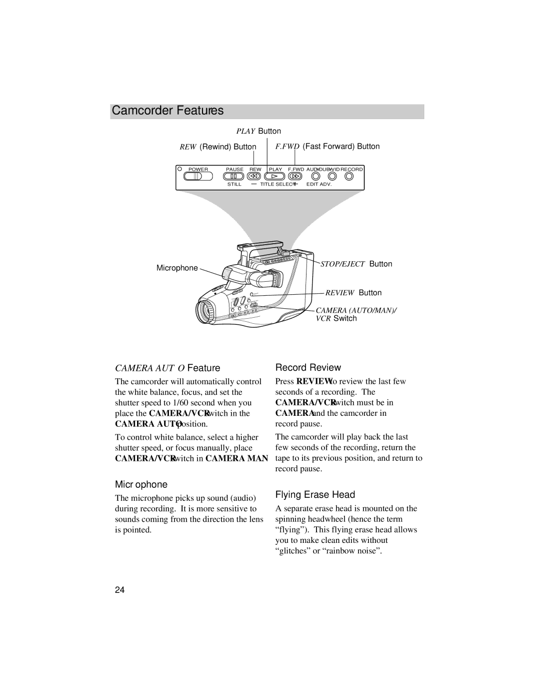 RCA CG740 manual Camcorder Features, Record Review, Microphone, Flying Erase Head 