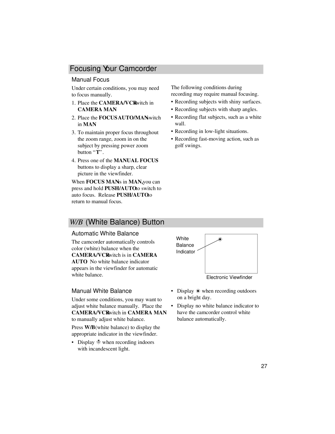 RCA CG740 manual White Balance Button, Manual Focus, Automatic White Balance, Manual White Balance 