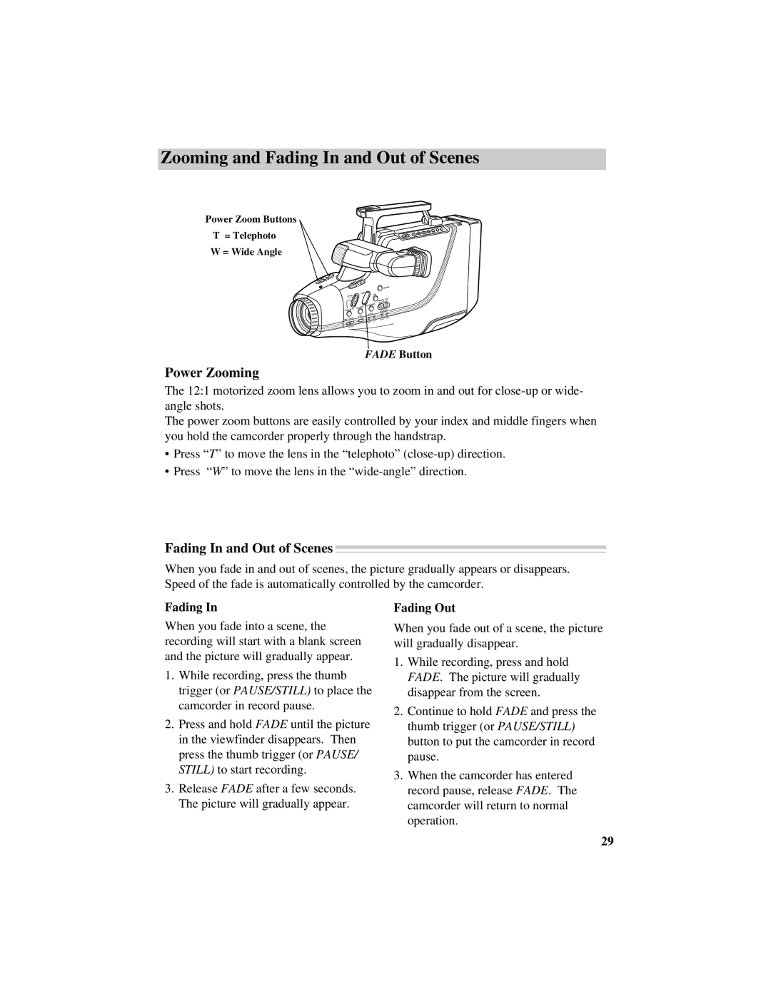 RCA CG740 manual Zooming and Fading In and Out of Scenes, Power Zooming, Fading Out 