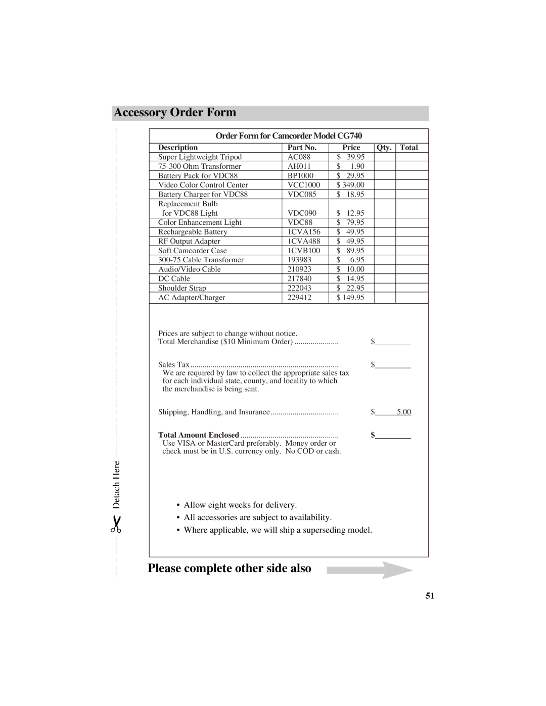 RCA manual Accessory Order Form, Please complete other side also, Order Form for Camcorder Model CG740 