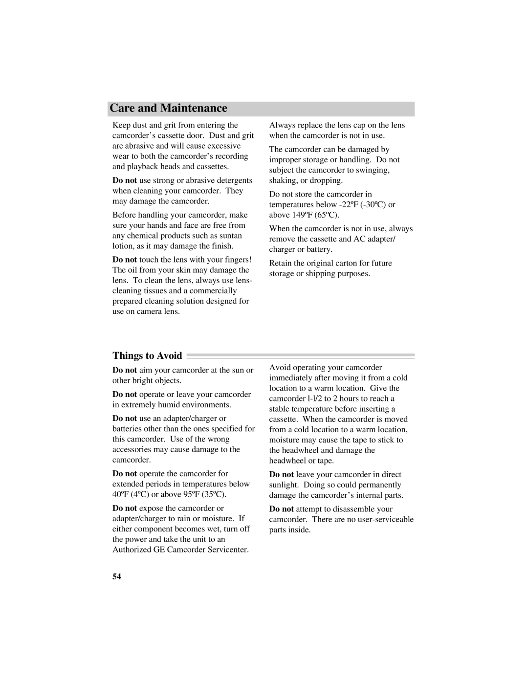 RCA CG740 manual Care and Maintenance, Things to Avoid 