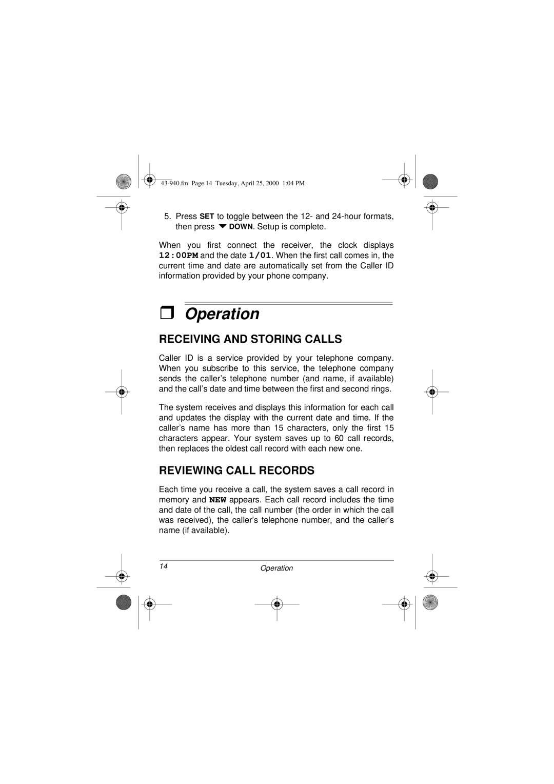 RCA CID 940 owner manual Operation, Receiving and Storing Calls, Reviewing Call Records 