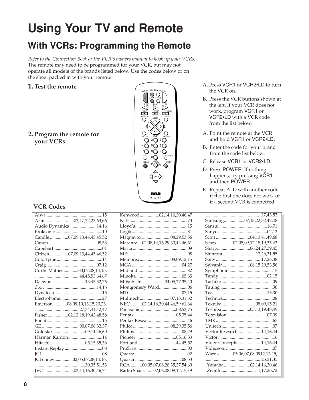 RCA Color TV manual With VCRs Programming the Remote, Test the remote, Program the remote for your VCRs, VCR Codes 