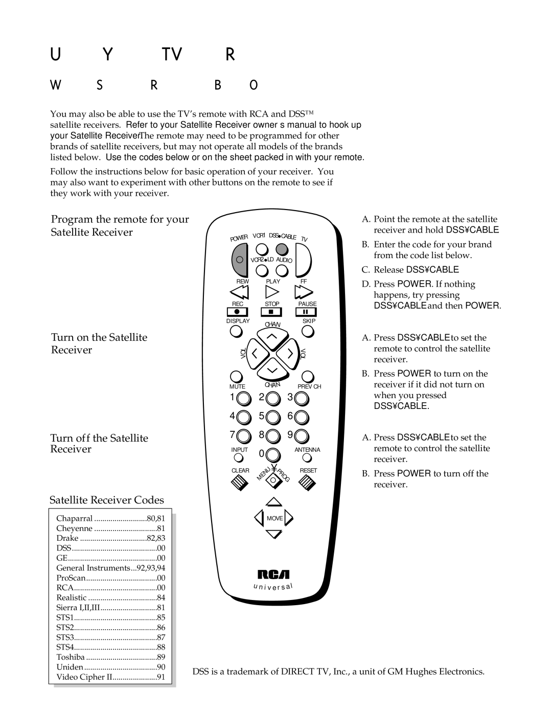 RCA Color TV manual With a Satellite Receiver Basic Operation, Dsscable and then Power 